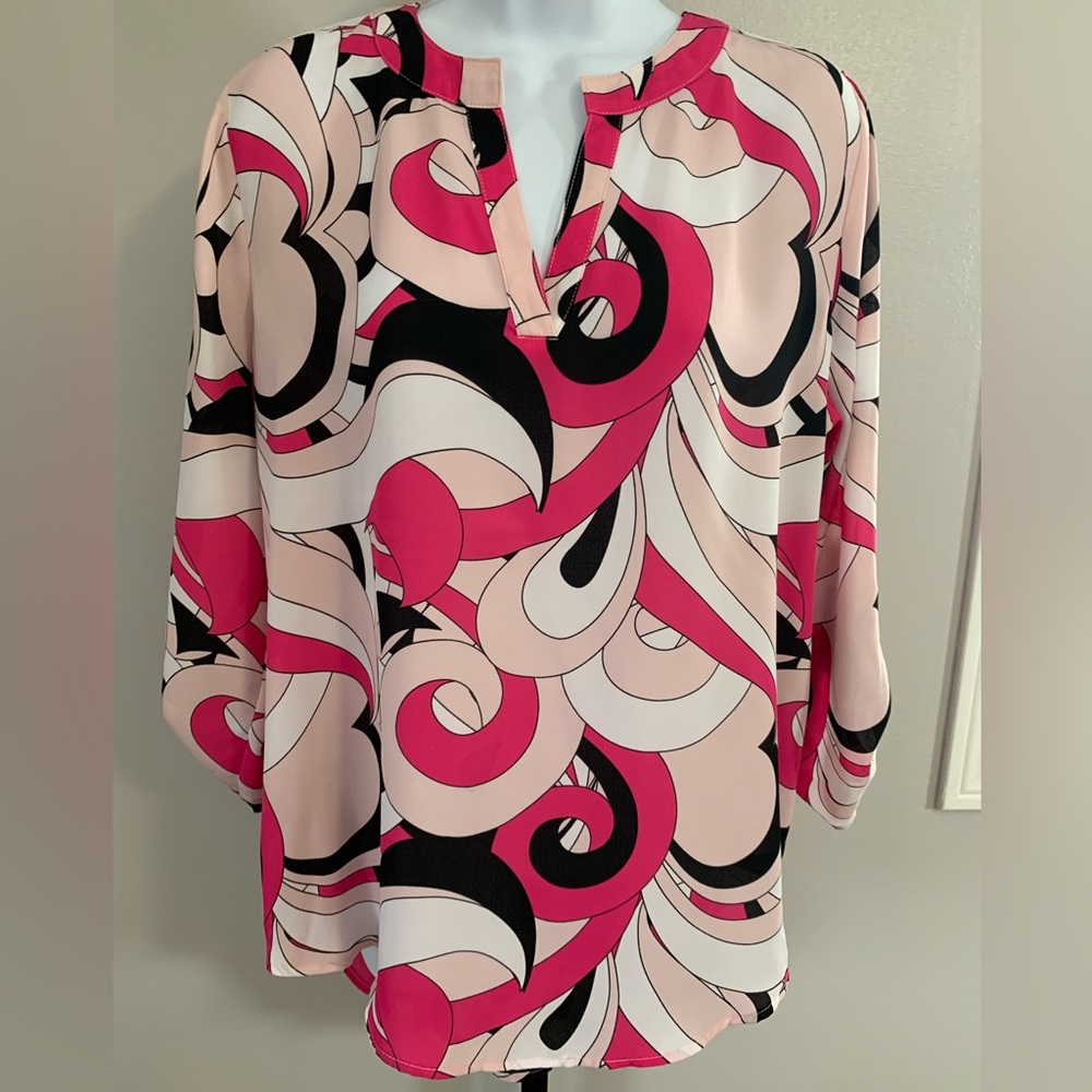 Cato Pink Swirl Print Tunic Blouse with Black and Cream Accents